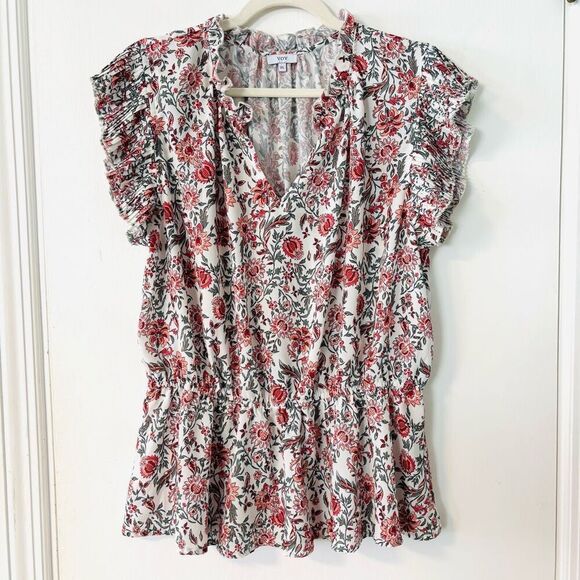Voy 1X floral print peplum pleated cap sleeve ruffle neck blouse - Picture 1 of 10